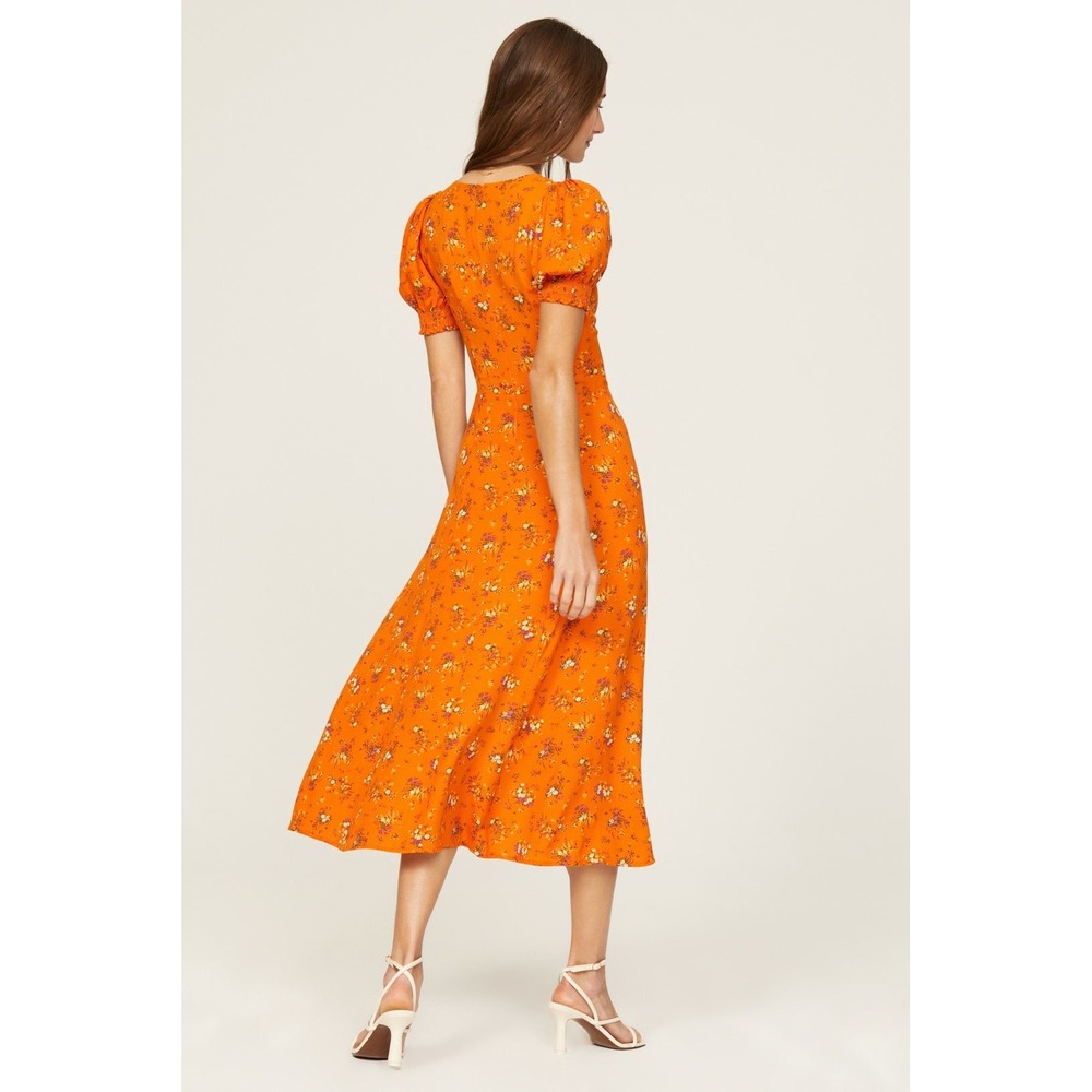 Reformation Lacey Dress Orange Ditsy Floral Puff Sleeve Midi Slit Size 6 - Picture 4 of 13